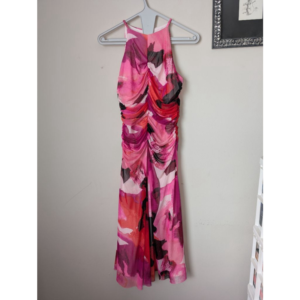London Times Pink Black Abstract Ruched Halter Dress Size 4 - Picture 2 of 8